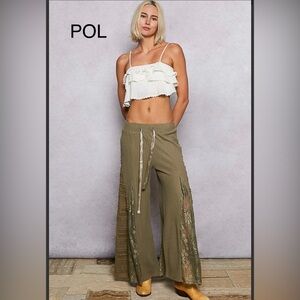 BPB211-9💚POL perfection in olive  Wide-Leg Pants with Lace Detail-gorgeous!